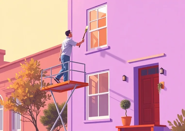 Peintre sur échafaudage traitant la façade d'une maison